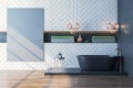 Modern bathroom with blank gray poster on wall Royalty Free Stock Photo