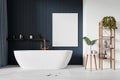 Modern bathroom with blank poster, freestanding tub, and wooden shelves on dark textured background, interior design concept. 3D Royalty Free Stock Photo