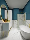 Modern bathroom with blue walls and white marble with a large round mirror in gold trim white furniture and a bowl-shaped bathtub