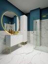 Modern bathroom with blue walls and white marble with a large round mirror in gold trim white furniture and a bowl-shaped bathtub Royalty Free Stock Photo