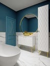 Modern bathroom with blue walls and white marble with a large round mirror in gold trim white furniture and a bowl-shaped bathtub Royalty Free Stock Photo