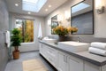 Modern bathroom boasting a skylight and large window overlooking fall foliage Royalty Free Stock Photo