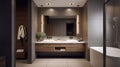 A modern bathroom with a dark tiled floor and wood cabinets, in the style of realistic and hyper - detailed renderings, ethereal