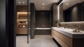 A modern bathroom with a dark tiled floor and wood cabinets, in the style of realistic and hyper. Generative AI