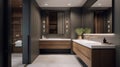 A modern bathroom with a dark tiled floor and wood cabinets, in the style of realistic and hyper. Generative AI