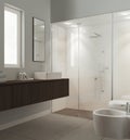 Modern bathroom in dark wooden tones, concrete tiles floor, large shower with tiles and spotlight, washbasin with mirror, ceramic