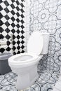 Modern bathroom design featuring artistic wall patterns and checkerboard tiles. Royalty Free Stock Photo