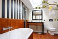 Contemporary Bathroom With Wooden Floor And Striped Wallpaper 