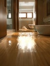 Modern bathroom experiencing a flood due to water overflow, causing significant damage and requiring immediate attention