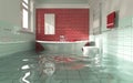 Modern bathroom experiencing a flood due to water overflow, causing significant damage and requiring immediate attention