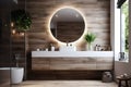 Modern bathroom features a wooden wall with mirror over the sink - AI generated illustration