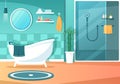 Modern Bathroom Furniture Interior Background Illustration with Bathtub, Faucet Toilet Sink to Shower and Clean up in Flat Color Royalty Free Stock Photo