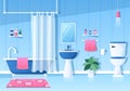 Modern Bathroom Furniture Interior Background Illustration with Bathtub, Faucet Toilet Sink to Shower and Clean up in Flat Color Royalty Free Stock Photo