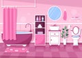 Modern Bathroom Furniture Interior Background Illustration with Bathtub, Faucet Toilet Sink to Shower and Clean up in Flat Color Royalty Free Stock Photo