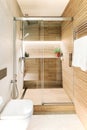 Modern bathroom with glass shower cabin and wooden effect tiles Royalty Free Stock Photo