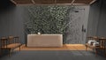 Modern bathroom in gray tones, japanese zen style, exterior eco garden with ivy, concrete walls and wooden floor, bamboo ceiling. Royalty Free Stock Photo