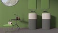 Modern bathroom in green pastel tones, contemporary ceramics tiles, double washbasin with faucets and mirrors, side tables with Royalty Free Stock Photo