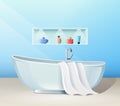 Modern bathroom interior with bath and accessories, banner, vector illustration.