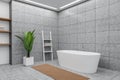Modern bathroom interior with bathtub, plant and shelf. Empty wall Royalty Free Stock Photo