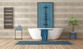 Modern bathroom interior with bathtub, shower and radiator on wall Royalty Free Stock Photo