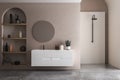 Modern bathroom interior with beige and white walls, shower area, basin with mirror, shelf and grey concrete floor. Royalty Free Stock Photo