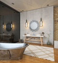 Modern bathroom interior with black walls and wooden details