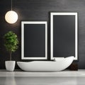 Modern bathroom interior with blank frames, freestanding bathtub, and decorative plant Royalty Free Stock Photo