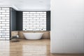 Modern bathroom interior with blank mock up place on wall, bathtub, abstract windows and reflections on wooden flooring. 3D Royalty Free Stock Photo