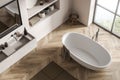 Modern bathroom interior with ceramic bathtub, double sink, mirror. White walls, hardwood flooring. Panoramic window. Top view. 3d Royalty Free Stock Photo