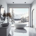 Modern bathroom interior with concrete floor, white oval bathtub and white basin Royalty Free Stock Photo