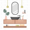 Modern bathroom interior. Cozy white room with oval mirror and black sink. Royalty Free Stock Photo