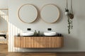 Modern bathroom interior with dark brown parquet floor, two sinks, double mirrors, interior plants, front view.