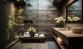 Modern Bathroom Interior with Dark Stone Tiles Glass Shower Enclosure Wooden Bench and Elegant Sink with Flowers Royalty Free Stock Photo