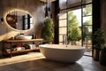 Modern bathroom interior design with plants in hotel spa in eco style Royalty Free Stock Photo