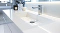 Modern bathroom interior design white ceramic wash basin with stainless steel faucet. Minimalist ergonomic design in Scandinavian Royalty Free Stock Photo