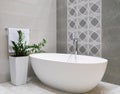 Modern bathroom interior design with white stone bathtub, grey tiles wall, ceramic flowerpot with green plant and hanger with