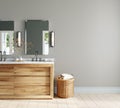 Modern bathroom interior design with wooden vanity and rattan basket