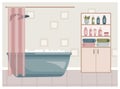 Modern bathroom interior with furniture, tub, faucet, curtain and cupboard. Modern flat design illustration for web site Royalty Free Stock Photo