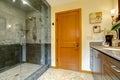 Modern bathroom interior with glass door shower