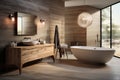 Modern bathroom interior in light natural beige tones with big Window. Scandinavian Royalty Free Stock Photo