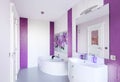 Modern Bathroom interior with a mosaic panel. White bathtub against violet and white wall Royalty Free Stock Photo