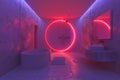 Modern Bathroom Interior with Neon Circle Light and White Fixtures