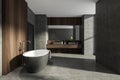 Modern Bathroom interior in new luxury home. Stylish hotel room. Open space area. Concrete wooden walls and floor. Bathtub and Royalty Free Stock Photo