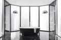 Modern Bathroom interior in new luxury home. Stylish hotel room. Open space area. Marble walls and floor. Black bathtub. Panoramic Royalty Free Stock Photo