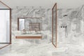 Modern Bathroom interior in new luxury home. Stylish hotel room. Open space area. White Marble walls and floor. Shower cabin and Royalty Free Stock Photo