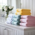 Modern bathroom interior, pile of clean towels and toiletries, white walls, sunny day Royalty Free Stock Photo