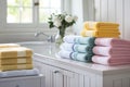 Modern bathroom interior, pile of clean towels and toiletries, white walls, sunny day Royalty Free Stock Photo