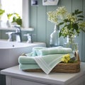 Modern bathroom interior, pile of clean towels and toiletries, white walls, sunny day Royalty Free Stock Photo