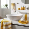 Modern bathroom interior, pile of clean towels and toiletries, white walls, sunny day Royalty Free Stock Photo