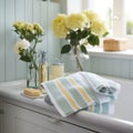 Modern bathroom interior, pile of clean towels and toiletries, white walls, sunny day Royalty Free Stock Photo